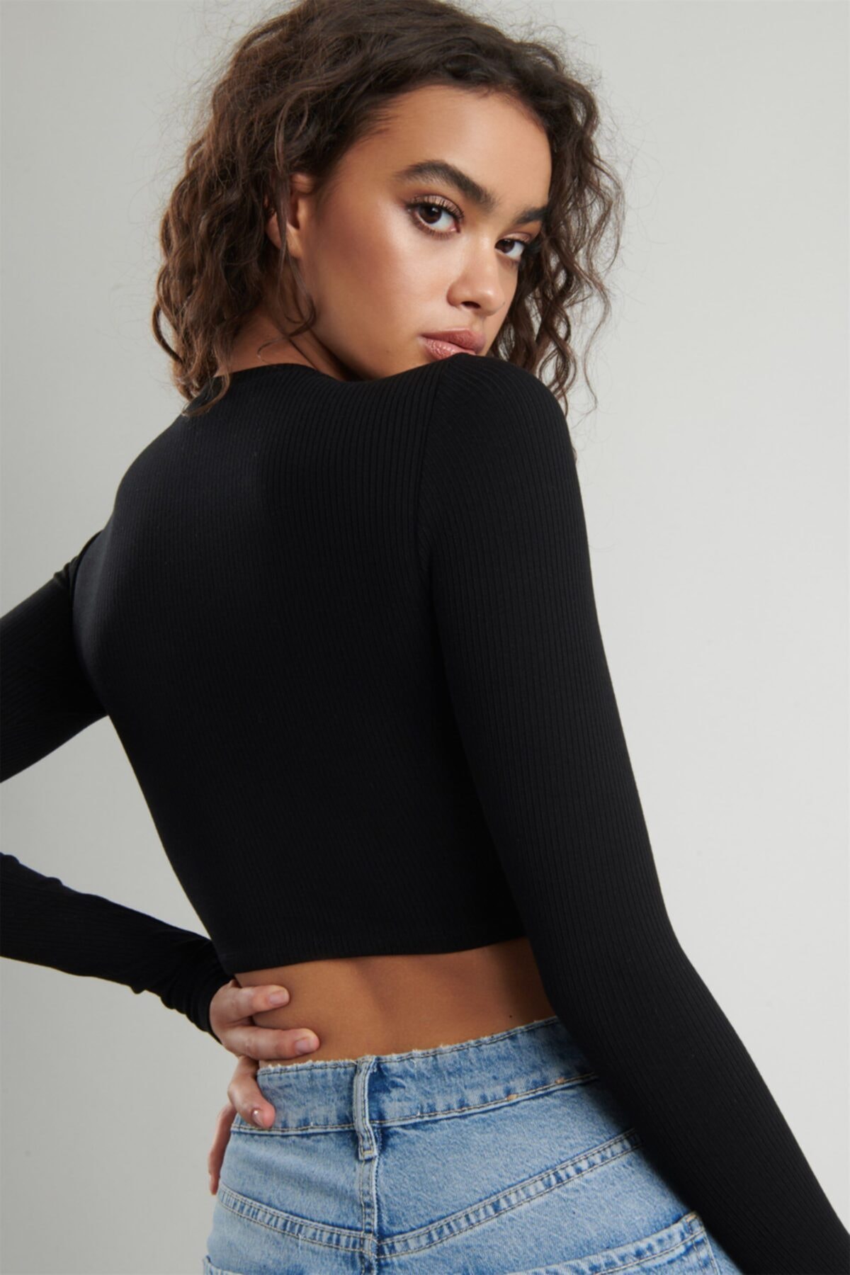 Kadın Vizon Uzun Kollu Fitilli Bluz Crop Örme T-shirt