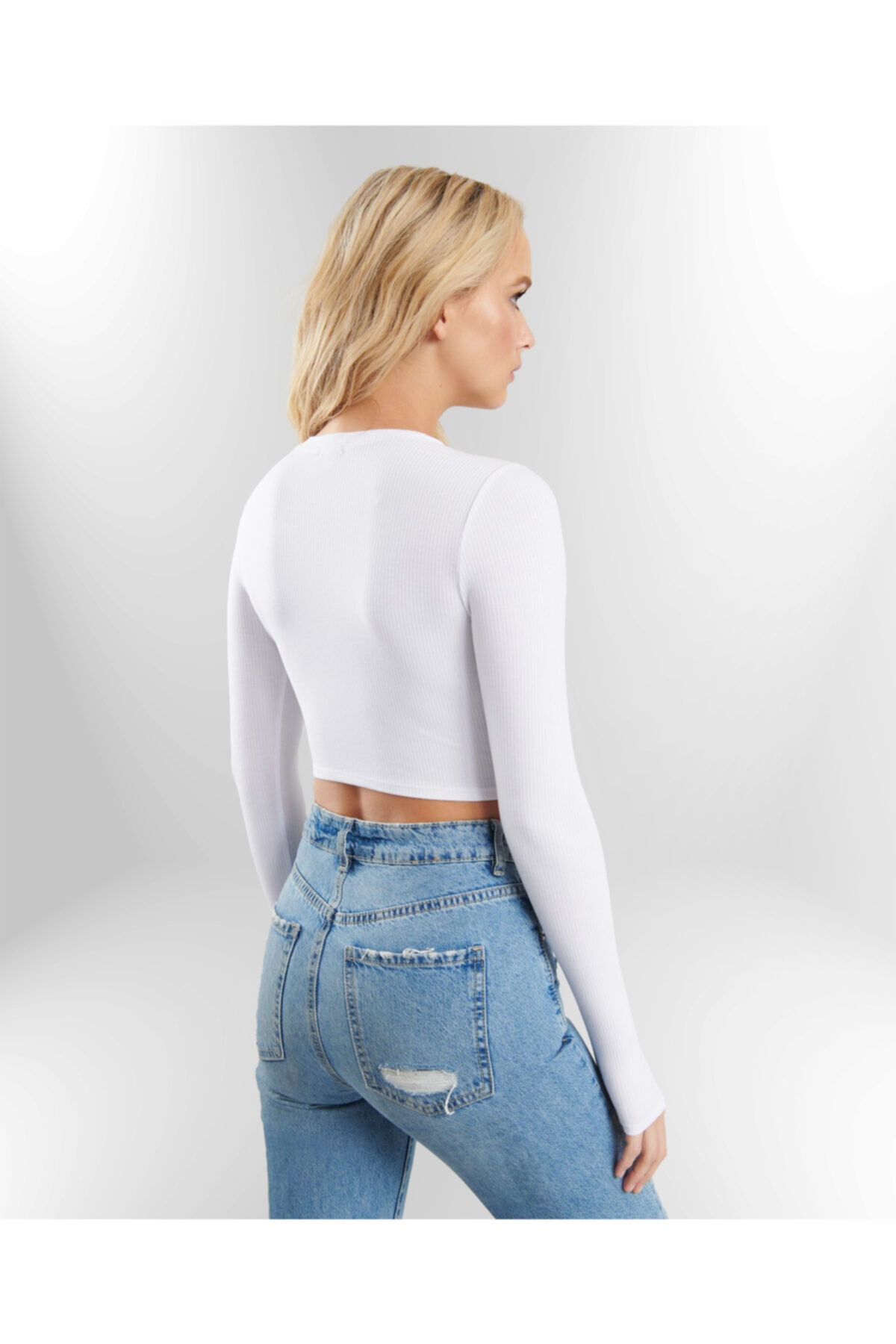 Kadın Vizon Uzun Kollu Fitilli Bluz Crop Örme T-shirt