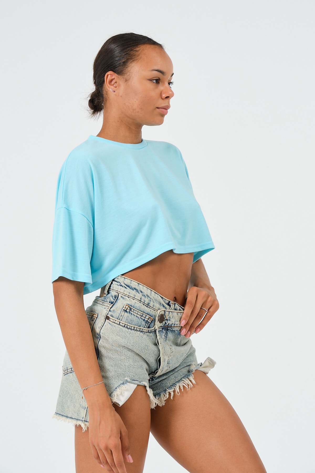 Kadın Mavi Oversize Crop T-Shirt