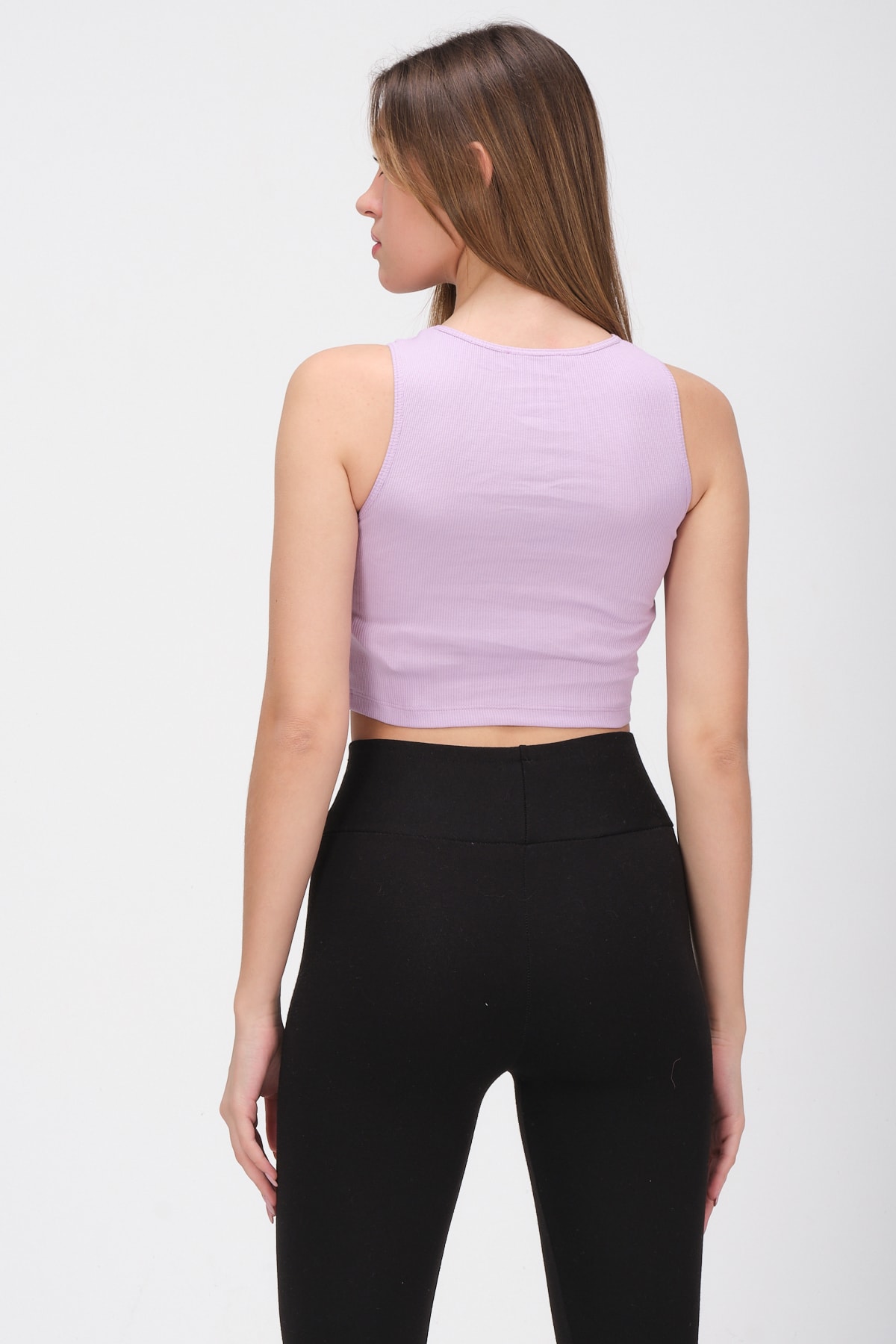 Kadın Pembe Bisiklet Yaka Crop Top Kolsuz Kaşkorse T-shirt