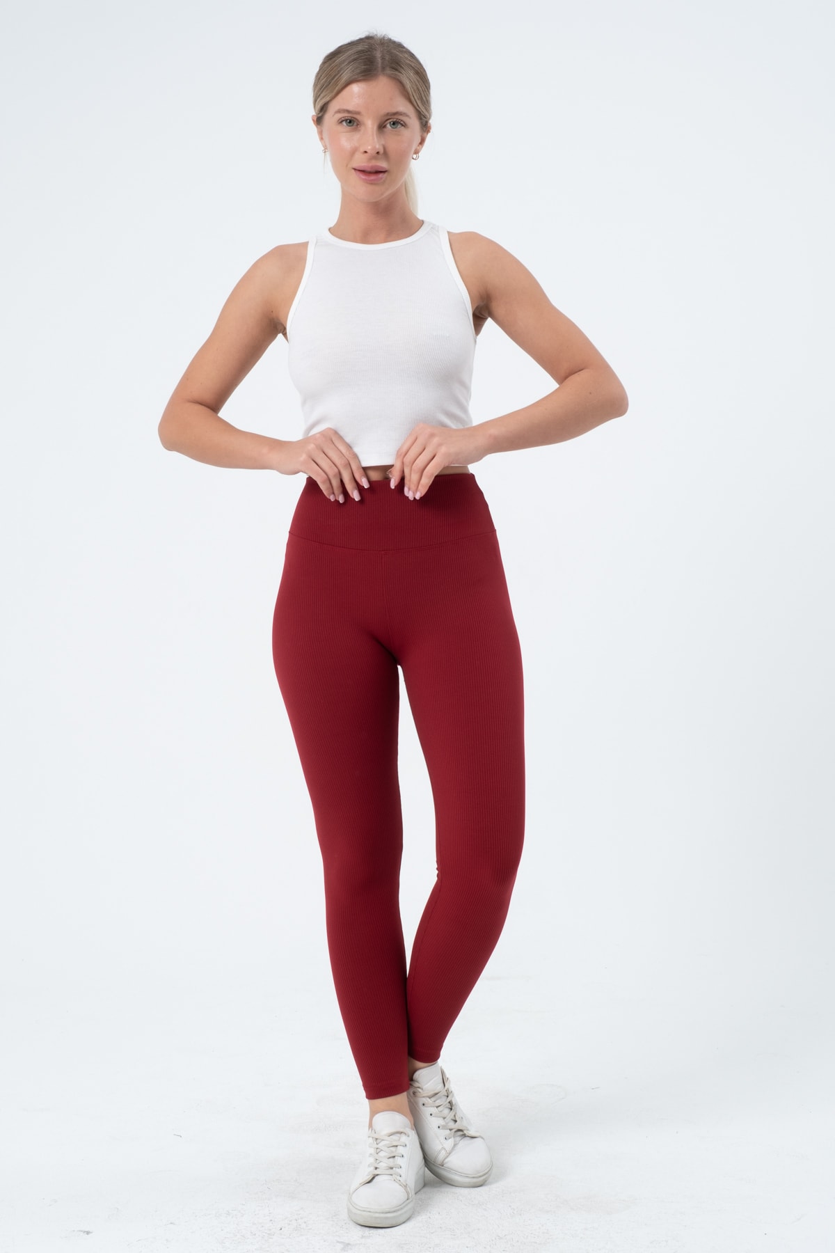 Kadın Bordo Yüksek Bel Fitilli Tayt