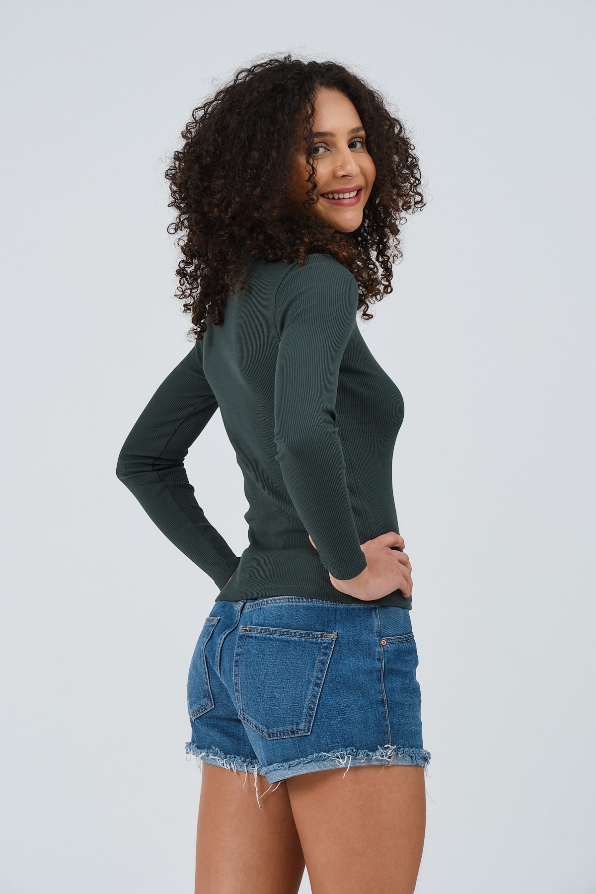 Kadın Gri Uzun Kollu Bisiklet Yaka Tam Boy Örme Bluz