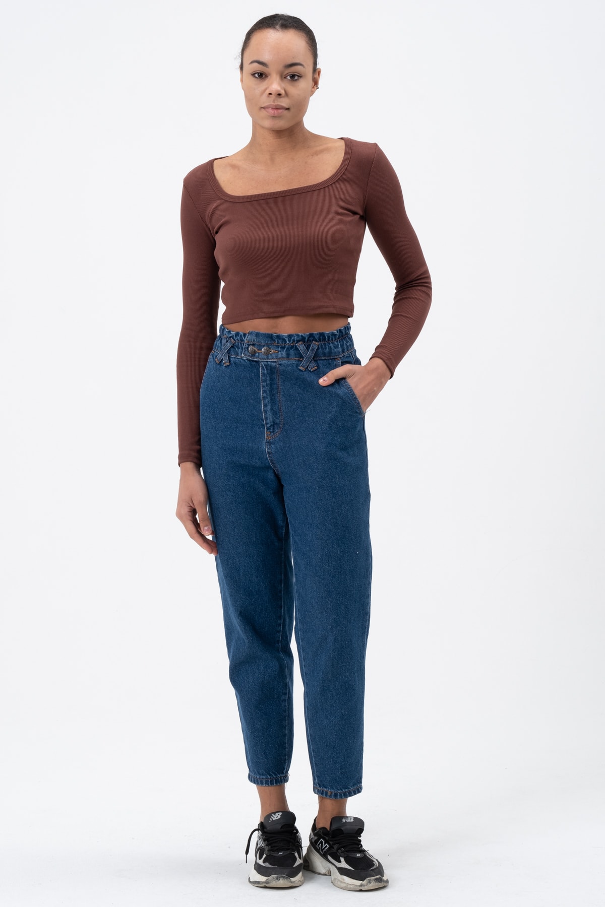 Kadın Gül Kurusu Uzun Kollu Kare Yaka Fitilli Bluz