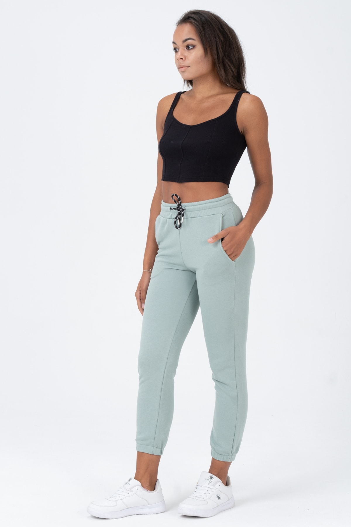 Kadın Yeşil Kalın Askılı Crop Bluz