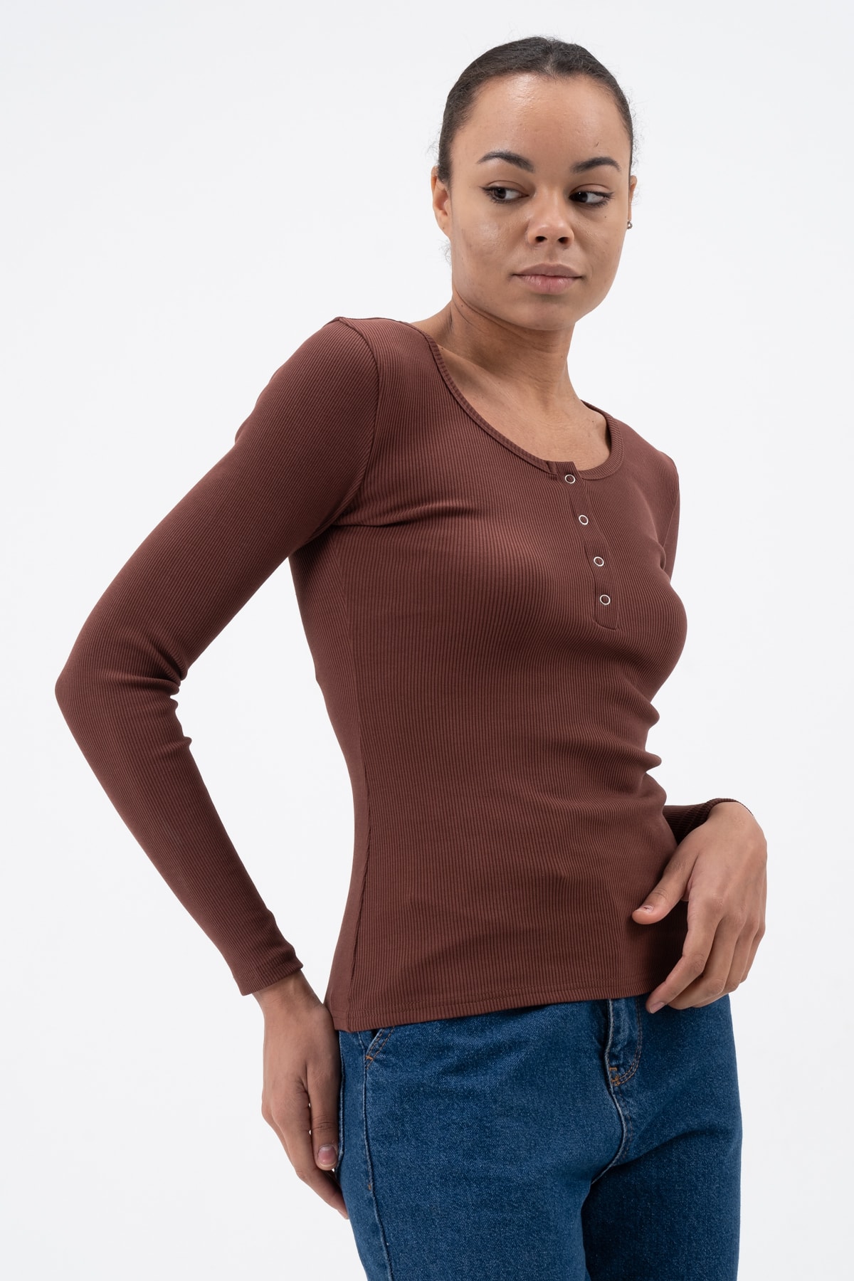 Kadın Kahverengi Çıtçıtlı Örme Uzun Kollu Bluz