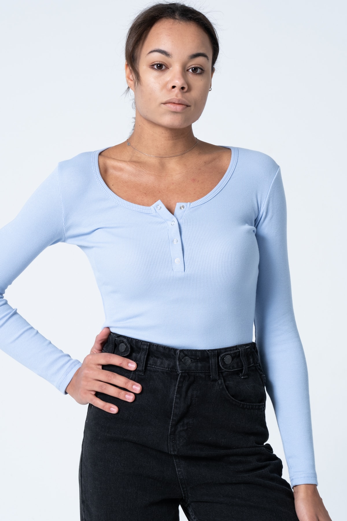 Kadın Kahverengi Çıtçıtlı Örme Uzun Kollu Bluz