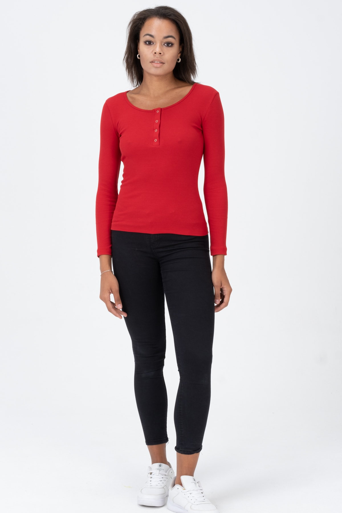 Kadın Kahverengi Çıtçıtlı Örme Uzun Kollu Bluz