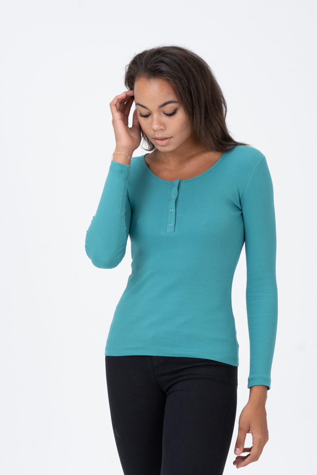 Kadın Kahverengi Çıtçıtlı Örme Uzun Kollu Bluz