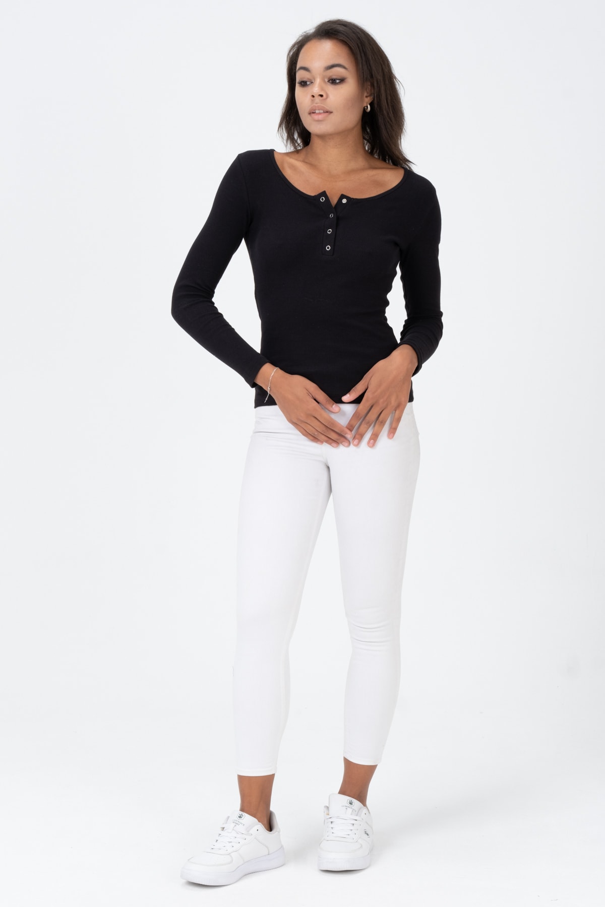 Kadın Kahverengi Çıtçıtlı Örme Uzun Kollu Bluz