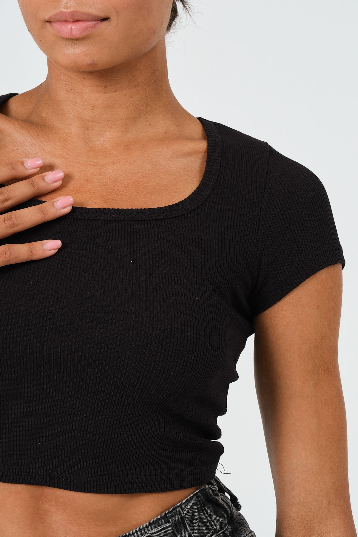 Kadın Sax Mavi U Yaka Kısa Kollu Crop Bluz