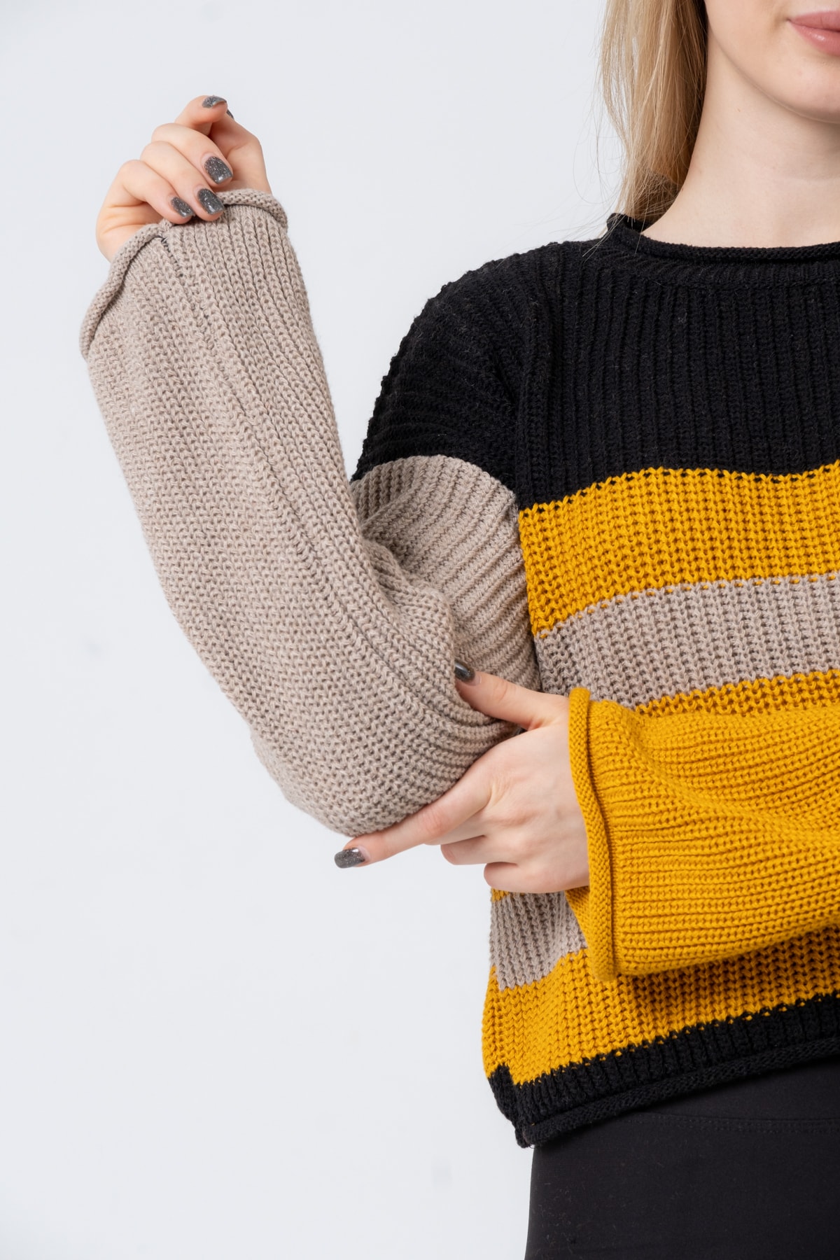 Kadın Bisiklet Yaka Çizgili Uzun Kollu Triko Kazak