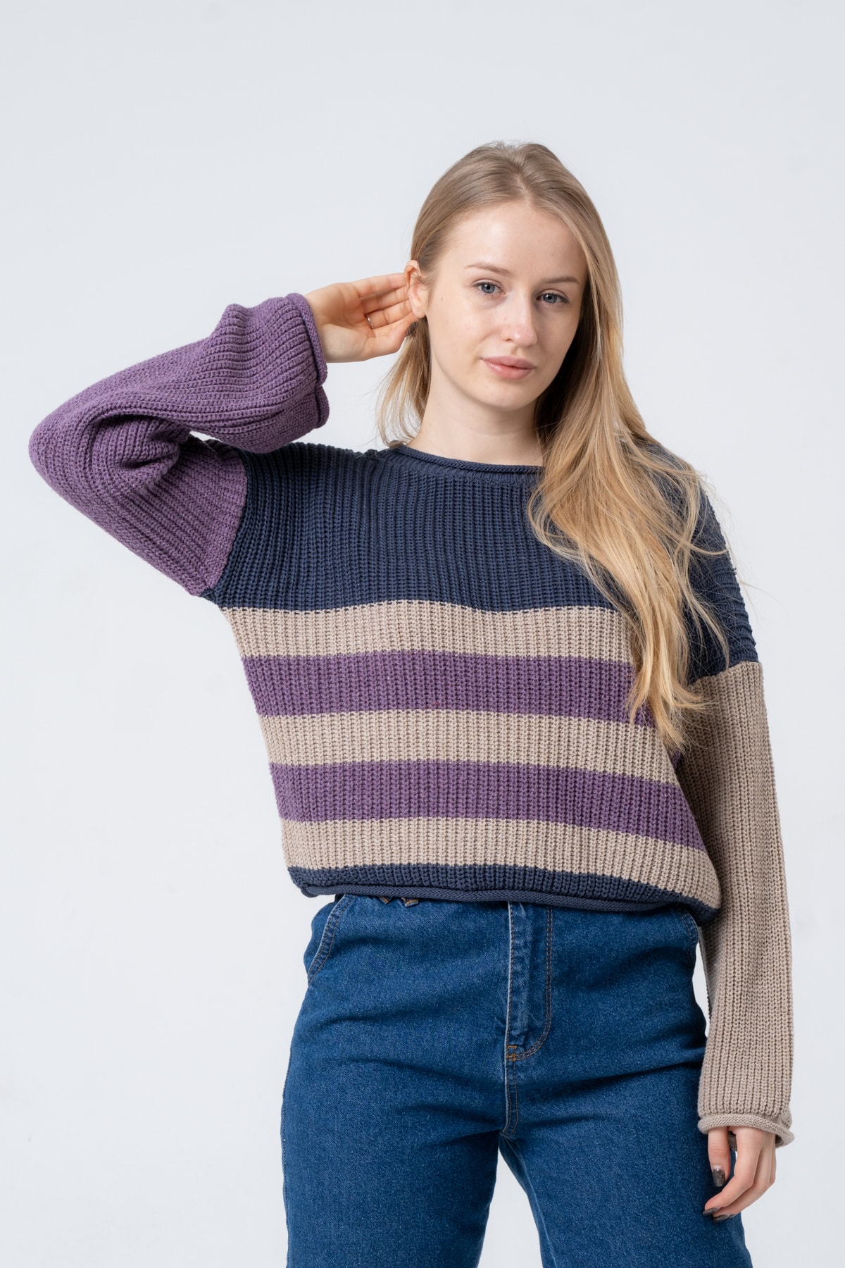 Kadın Bisiklet Yaka Çizgili Uzun Kollu Triko Kazak