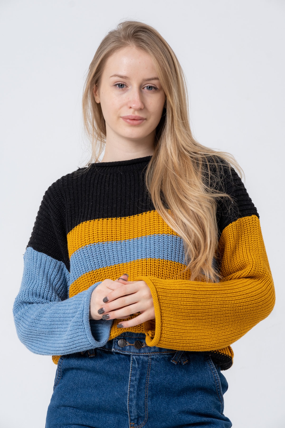 Kadın Bisiklet Yaka Çizgili Uzun Kollu Triko Kazak