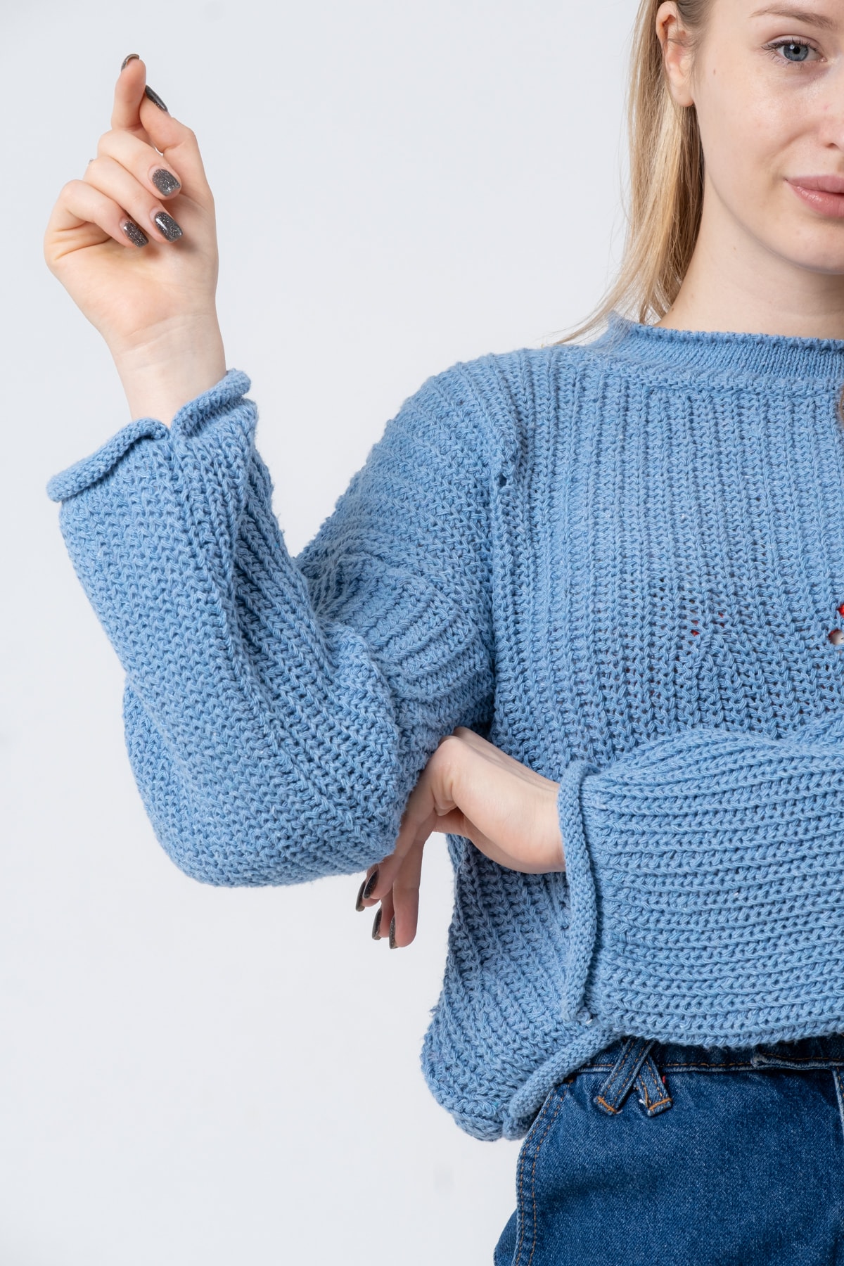 Kadın Pembe Geniş Uzun Kollu Triko Kazak