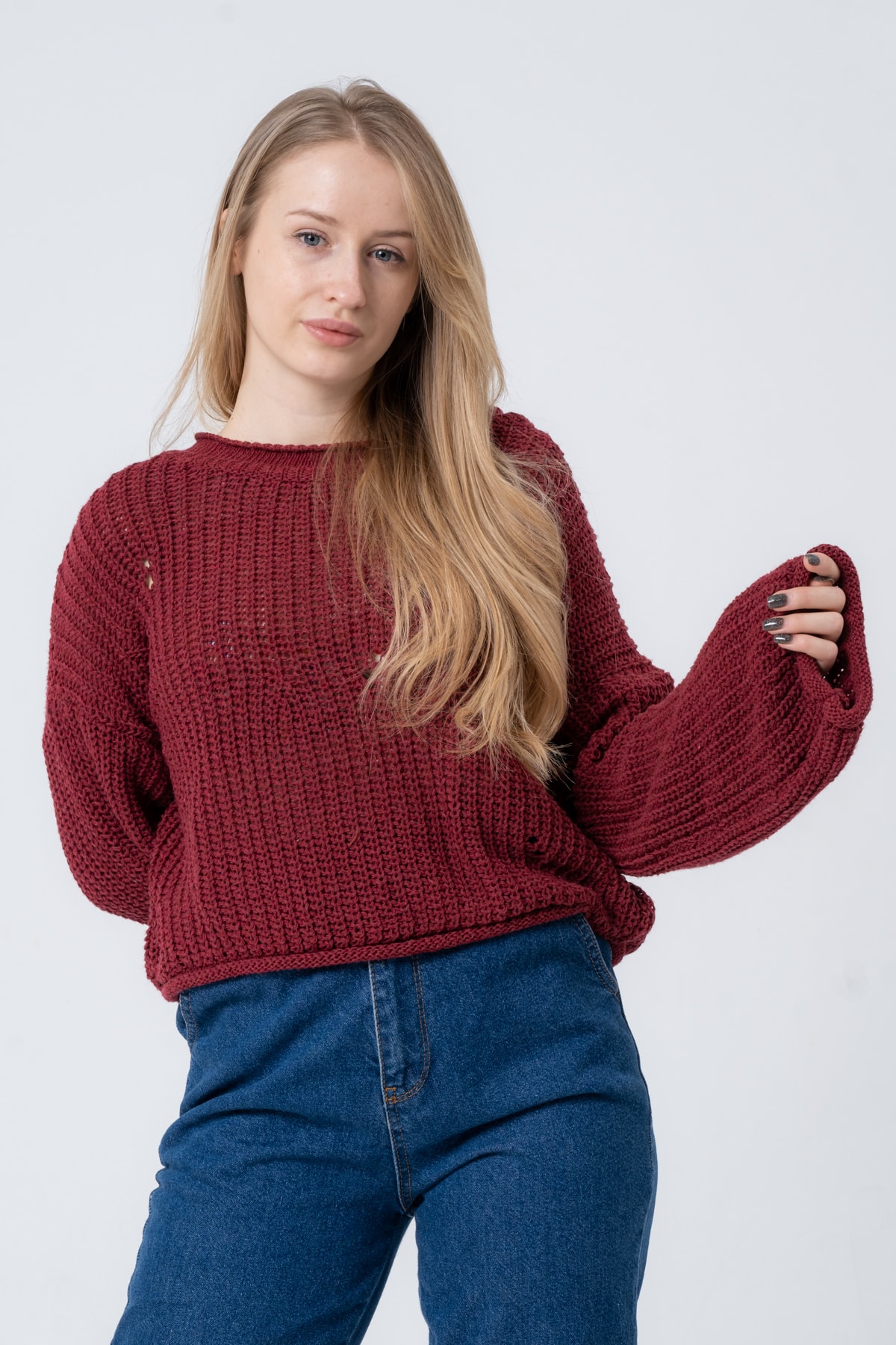 Kadın Pembe Geniş Uzun Kollu Triko Kazak