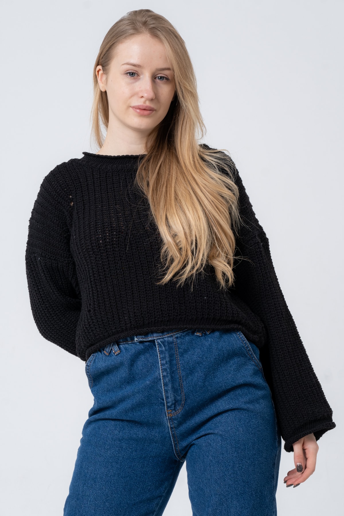 Kadın Pembe Geniş Uzun Kollu Triko Kazak