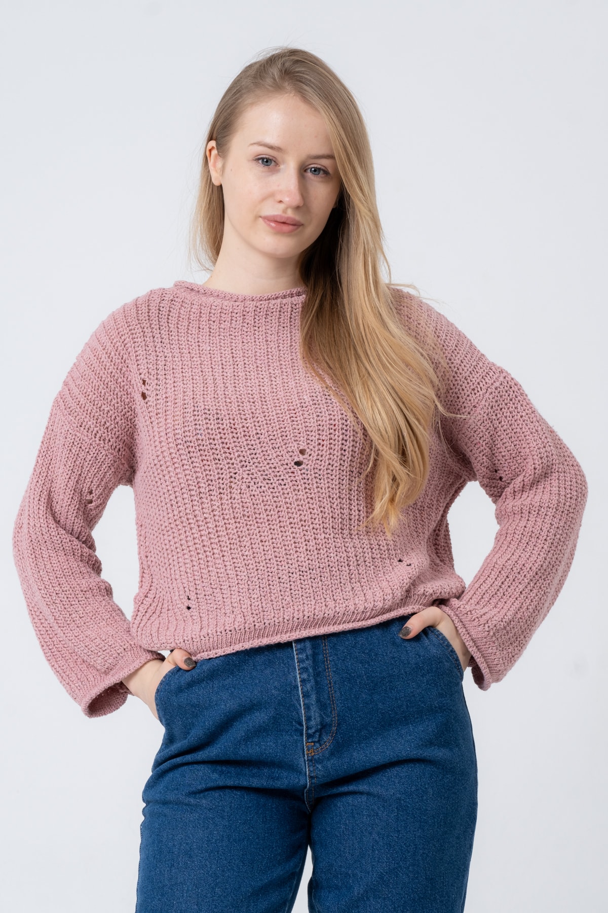 Kadın Pembe Geniş Uzun Kollu Triko Kazak