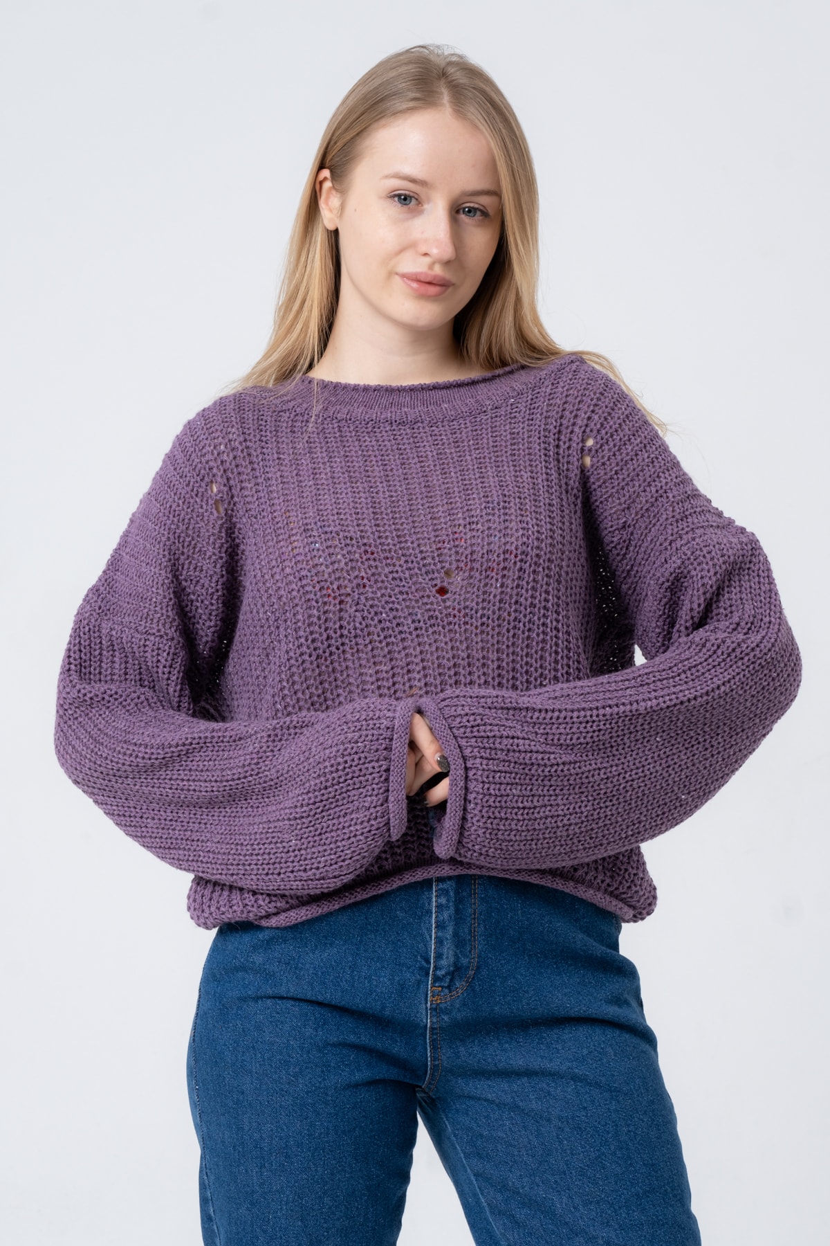 Kadın Pembe Geniş Uzun Kollu Triko Kazak