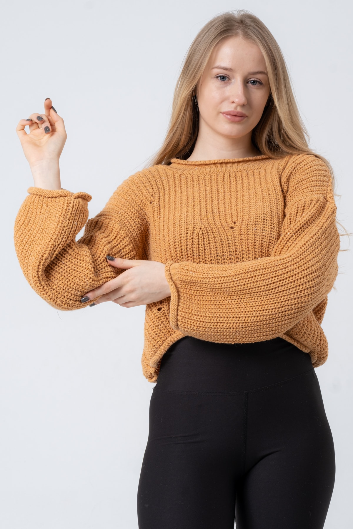 Kadın Pembe Geniş Uzun Kollu Triko Kazak