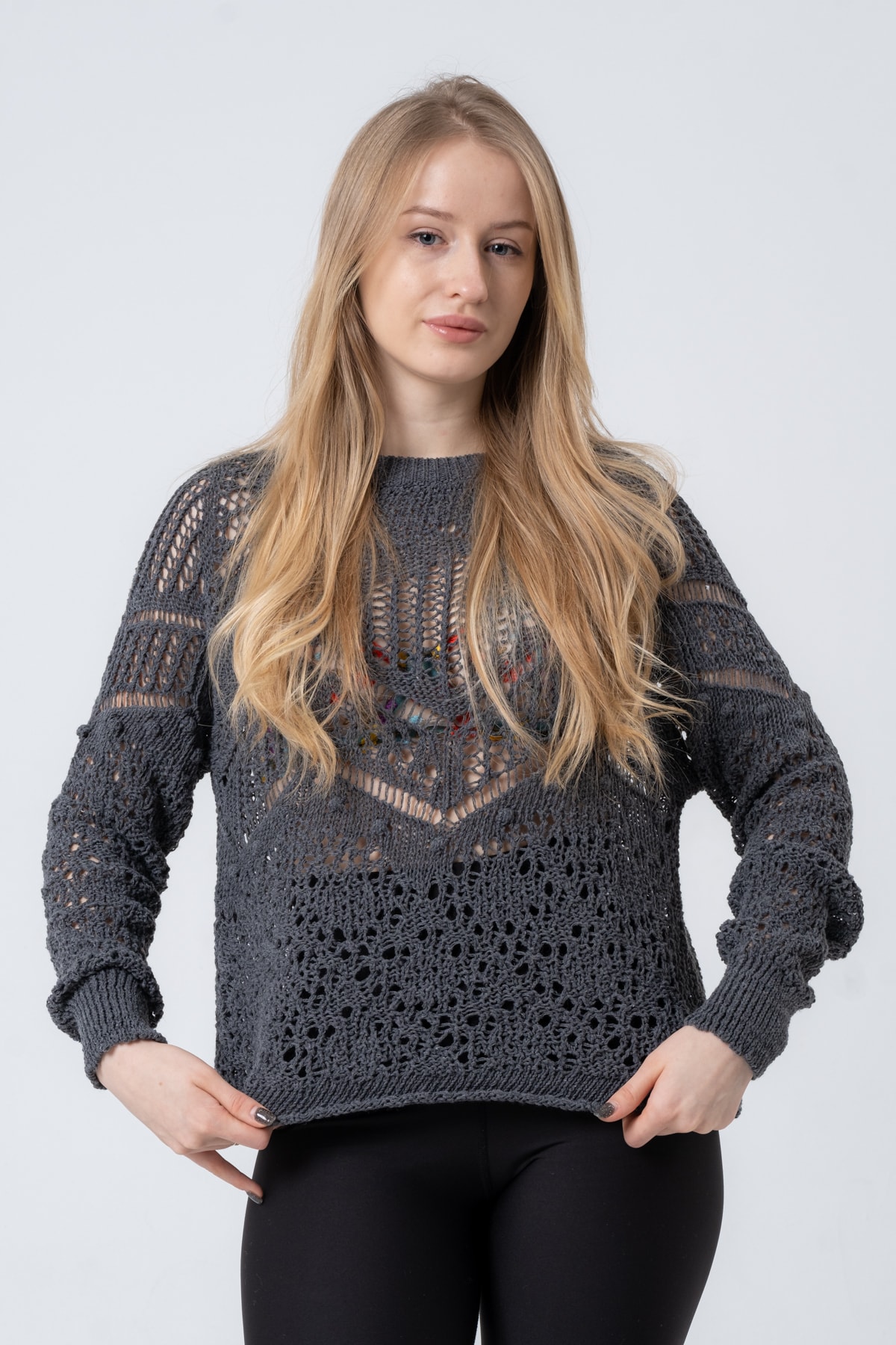 Kadın Antrasit Ajurlu Uzun Kollu Triko Kazak