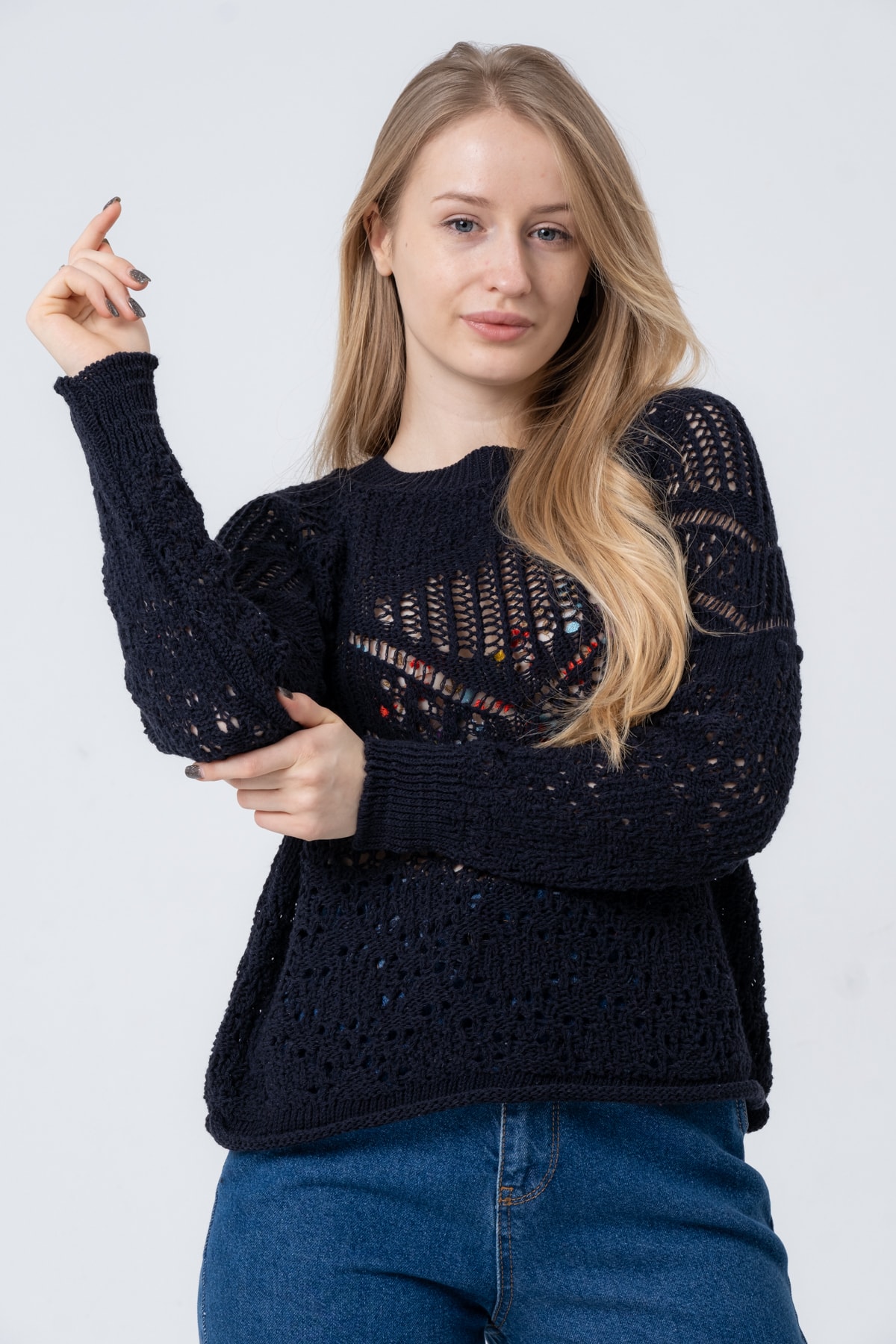 Kadın Antrasit Ajurlu Uzun Kollu Triko Kazak