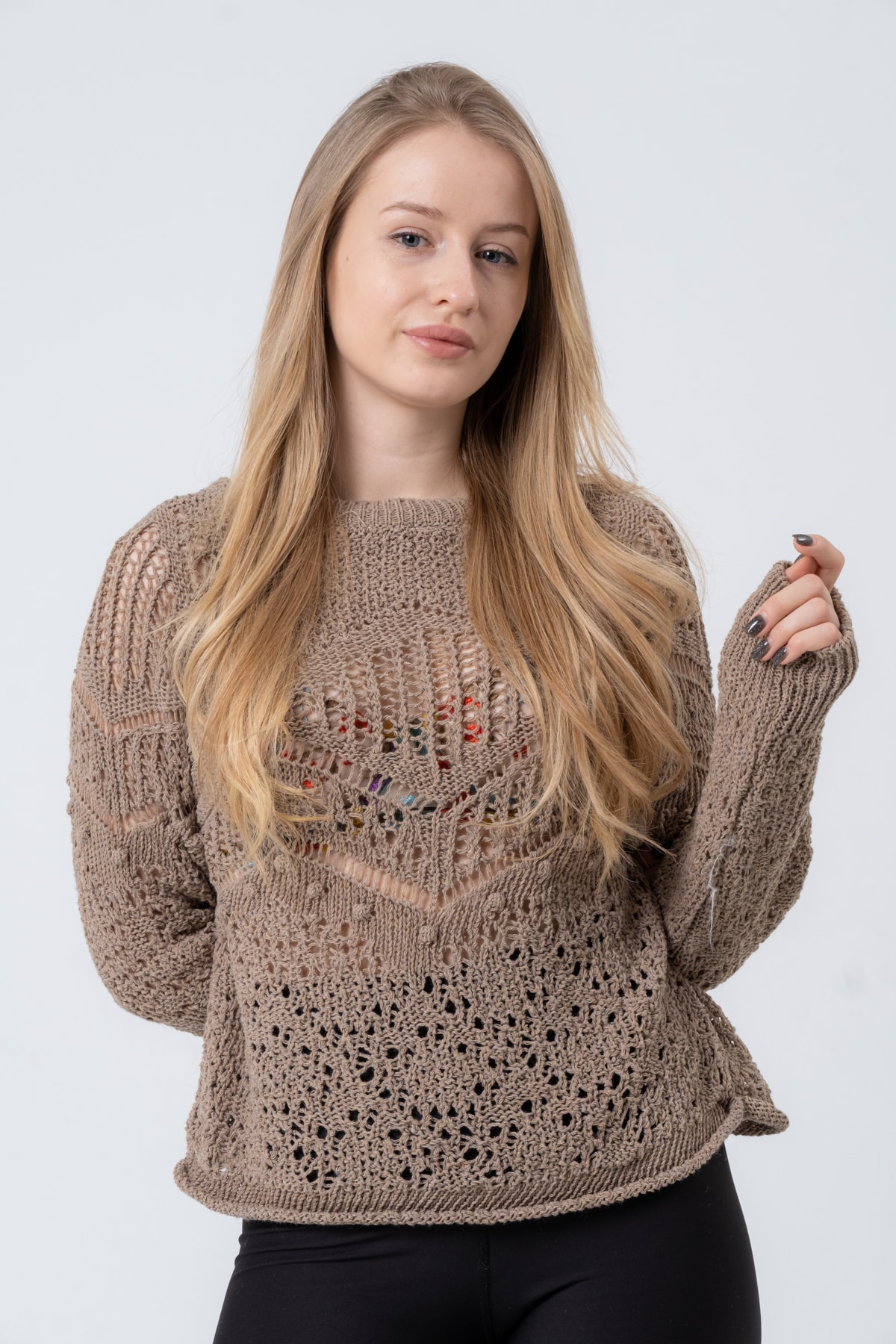 Kadın Antrasit Ajurlu Uzun Kollu Triko Kazak