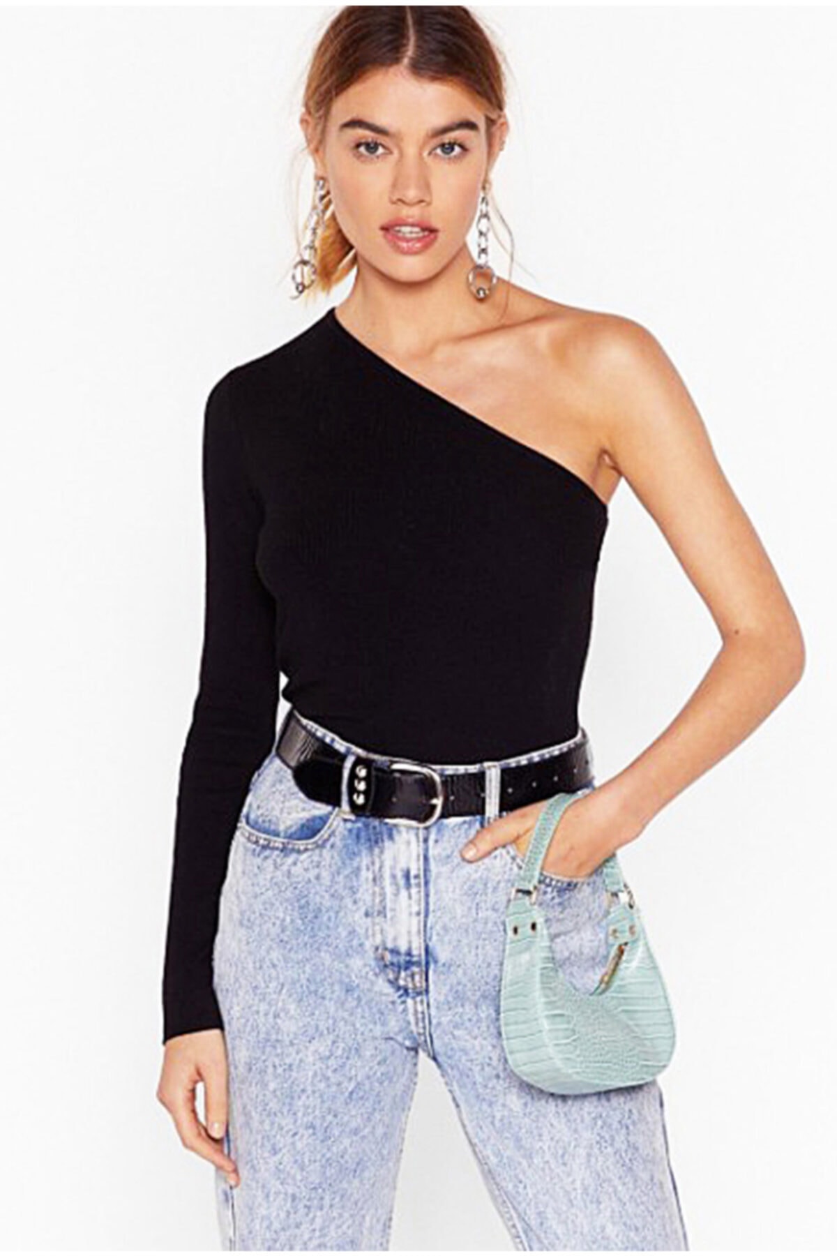 Kadın Kırmızı Tek Kollu Örme Bluz