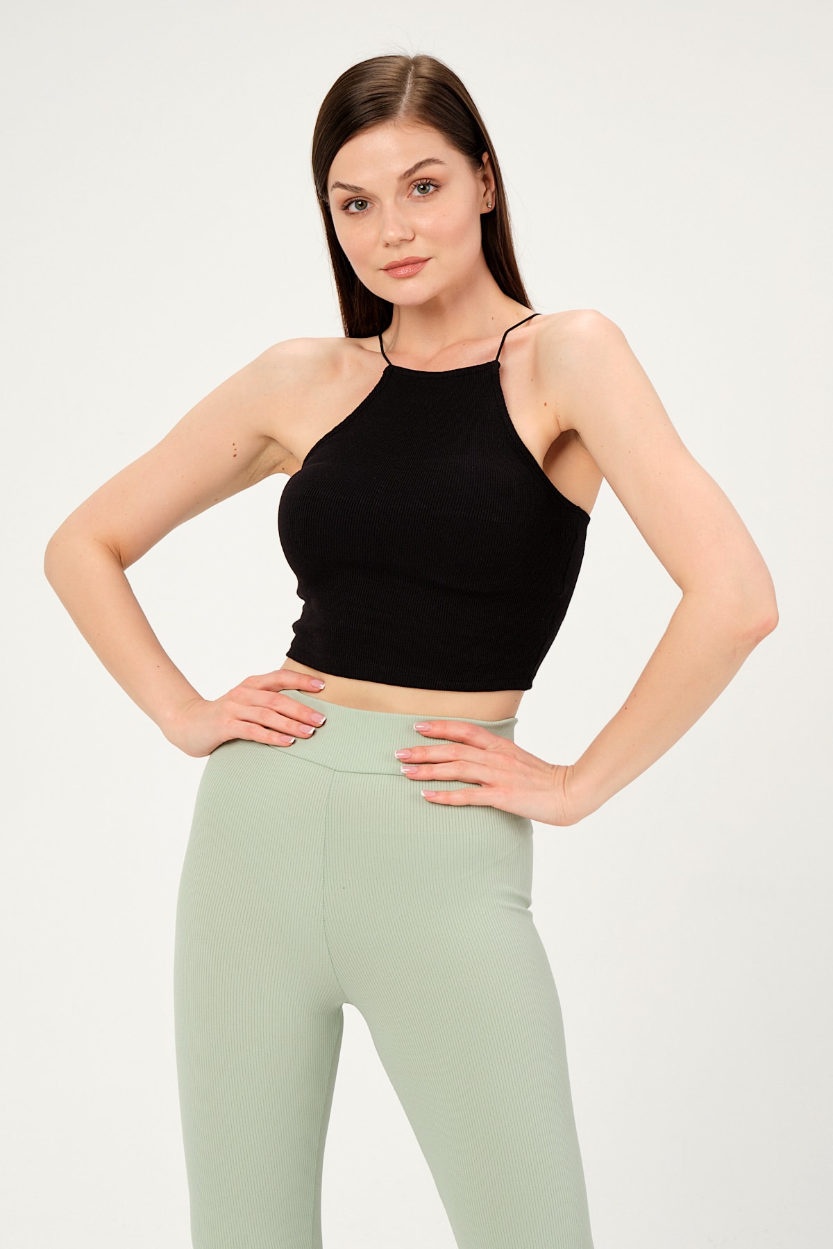 Kadın Yeşil Askılı Crop Bluz