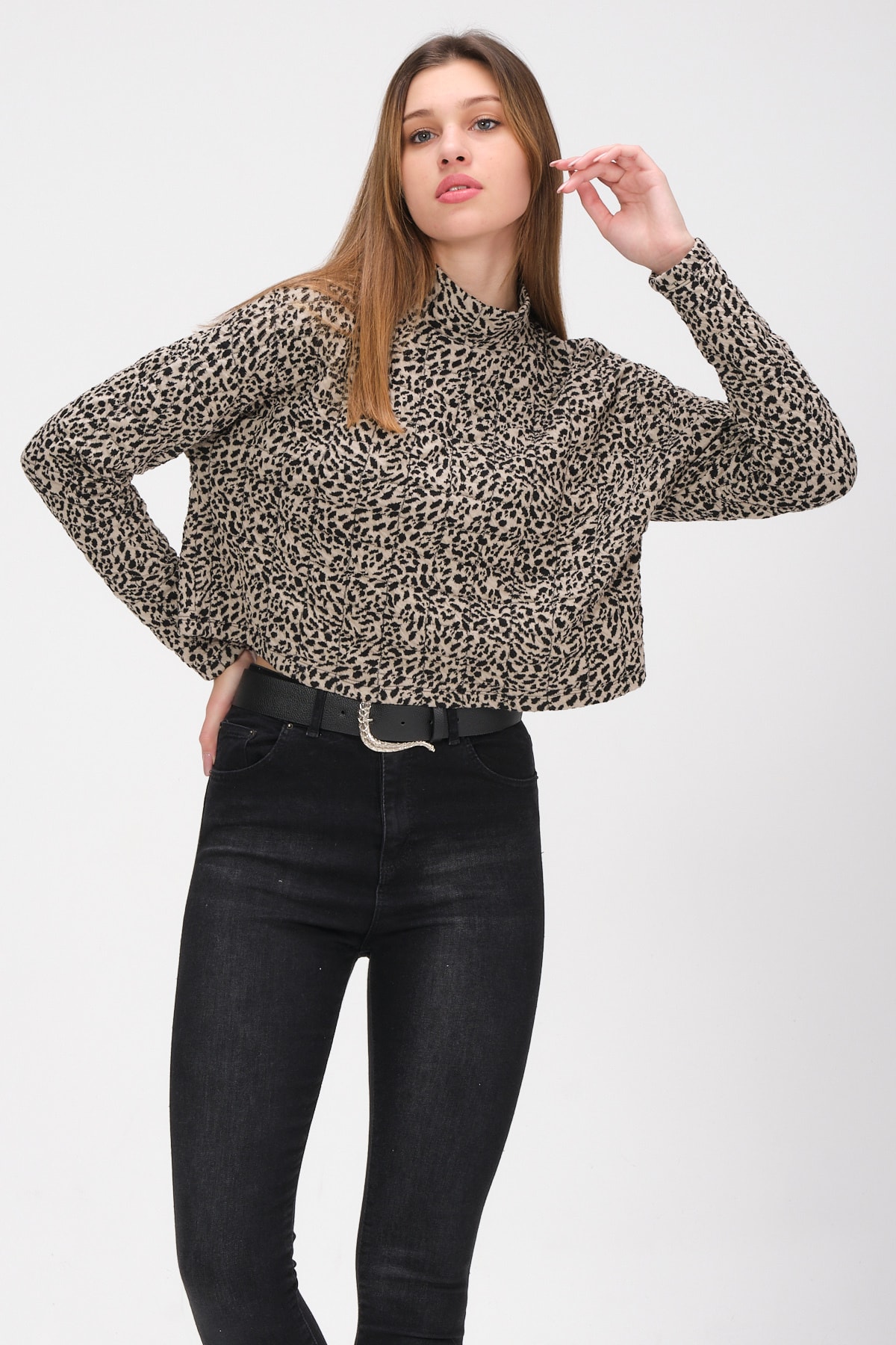 Kadın Leopar Kare Dikiş Detaylı Dik Yaka Bluz