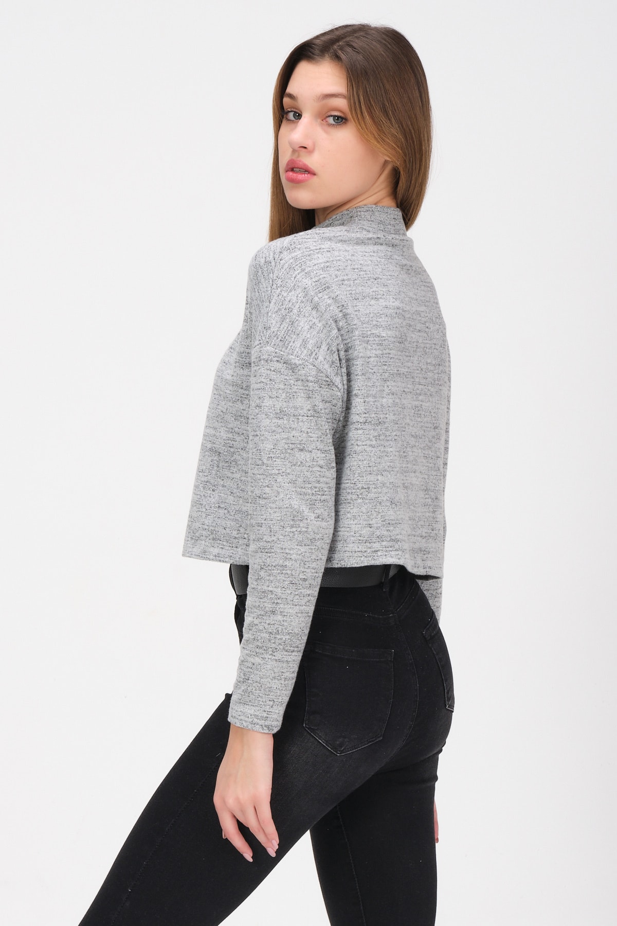 Kadın Leopar Kare Dikiş Detaylı Dik Yaka Bluz