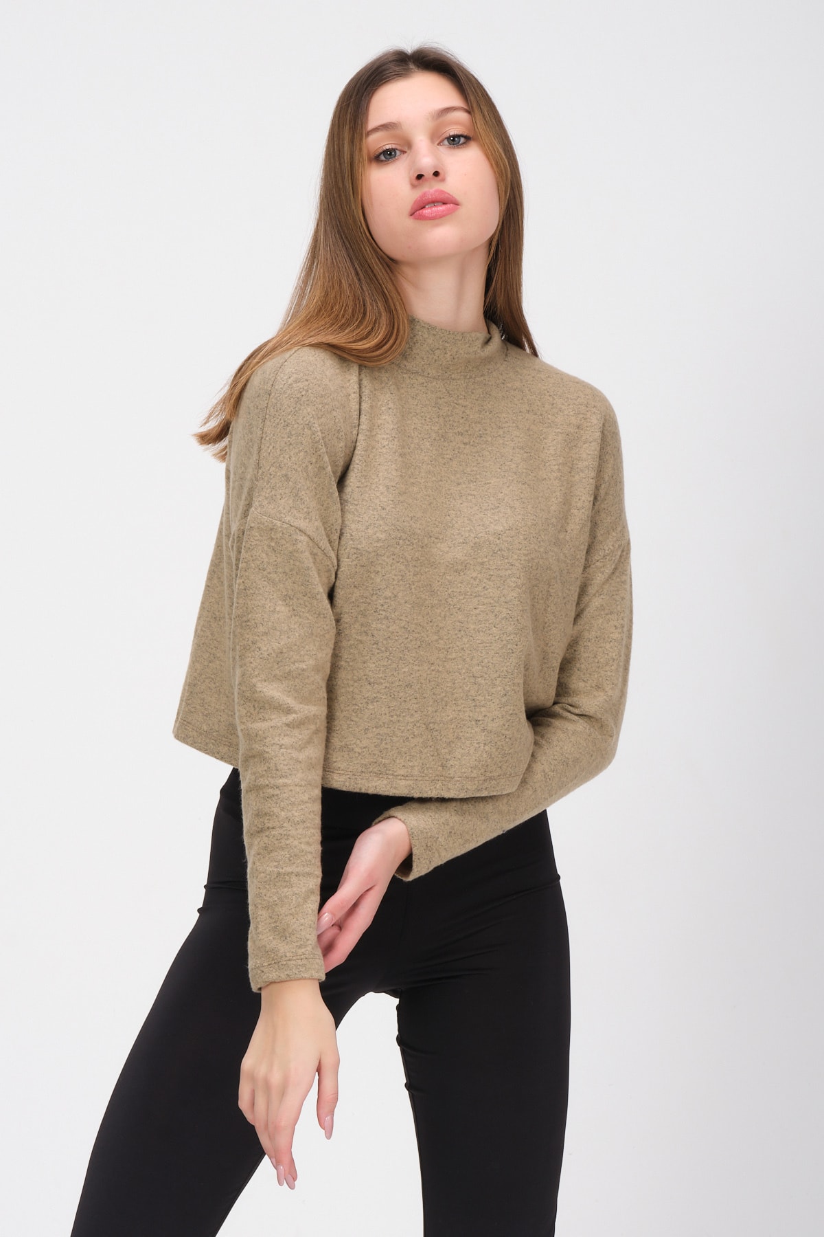 Kadın Leopar Kare Dikiş Detaylı Dik Yaka Bluz