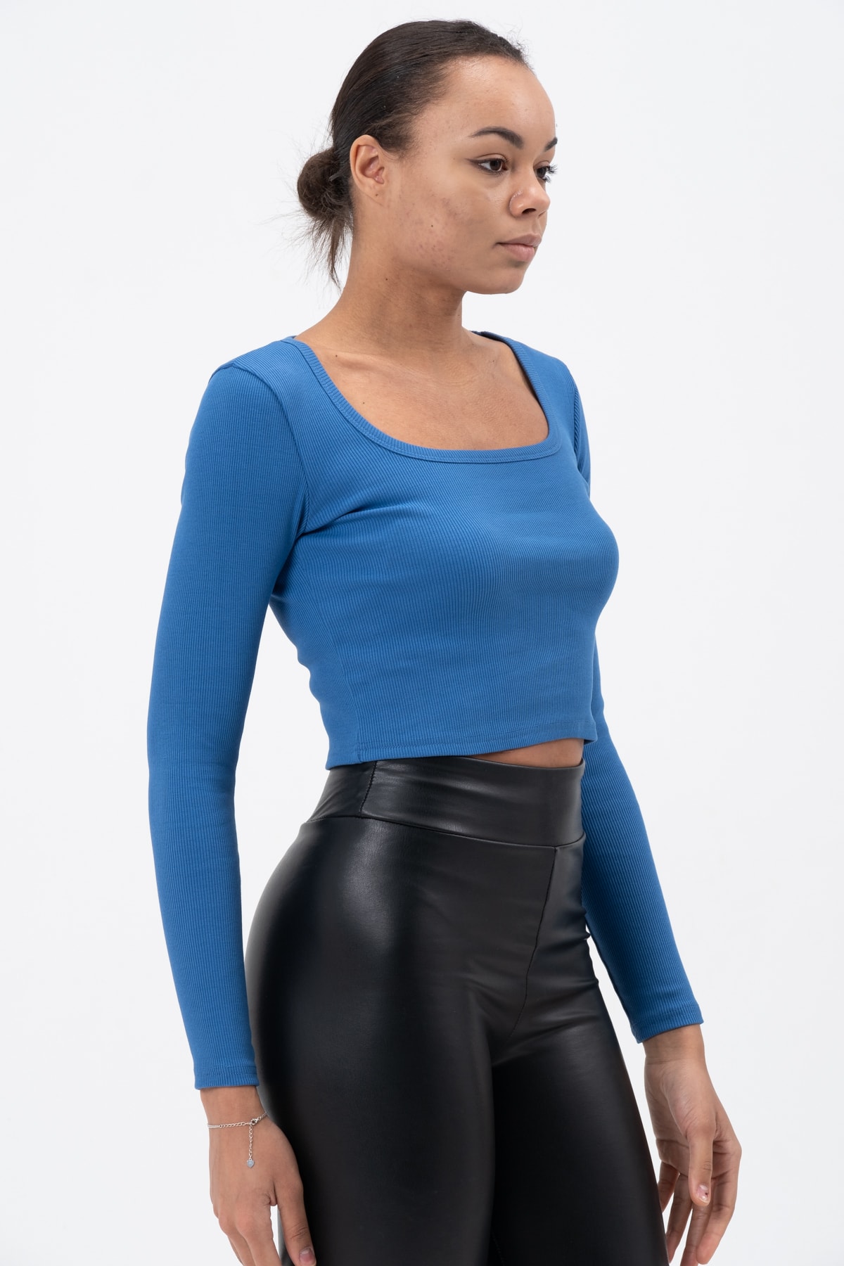 Kadın Gül Kurusu Uzun Kollu Kare Yaka Fitilli Bluz