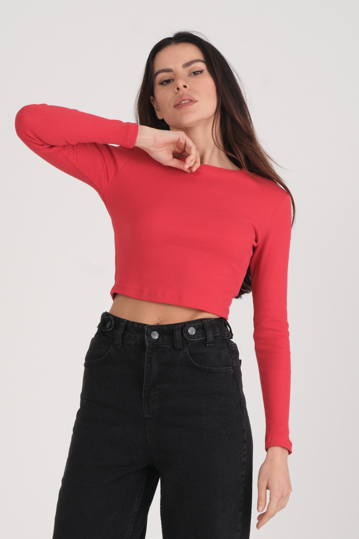 Kadın Vizon Uzun Kollu Fitilli Bluz Crop Örme T-shirt