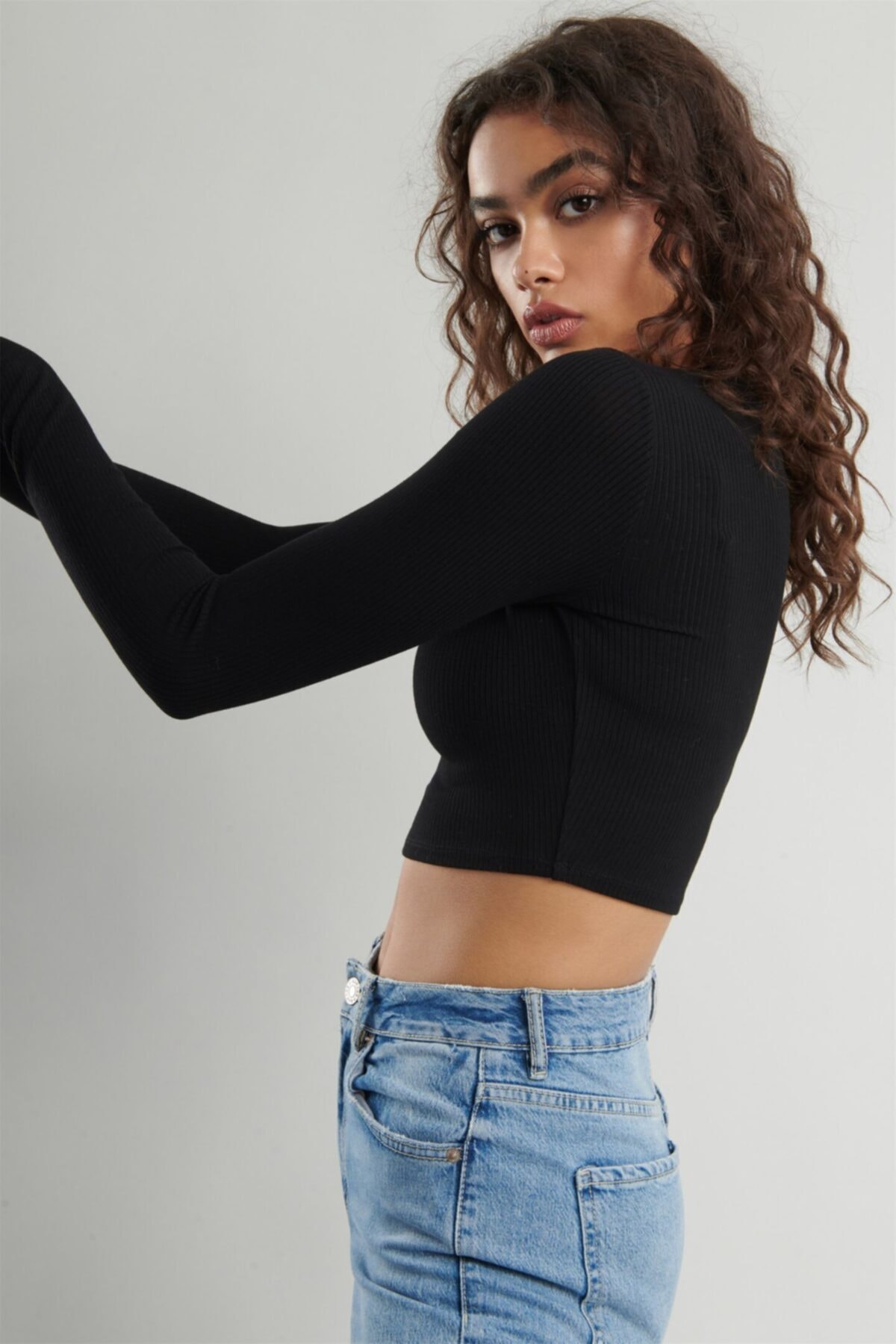 Kadın Vizon Uzun Kollu Fitilli Bluz Crop Örme T-shirt