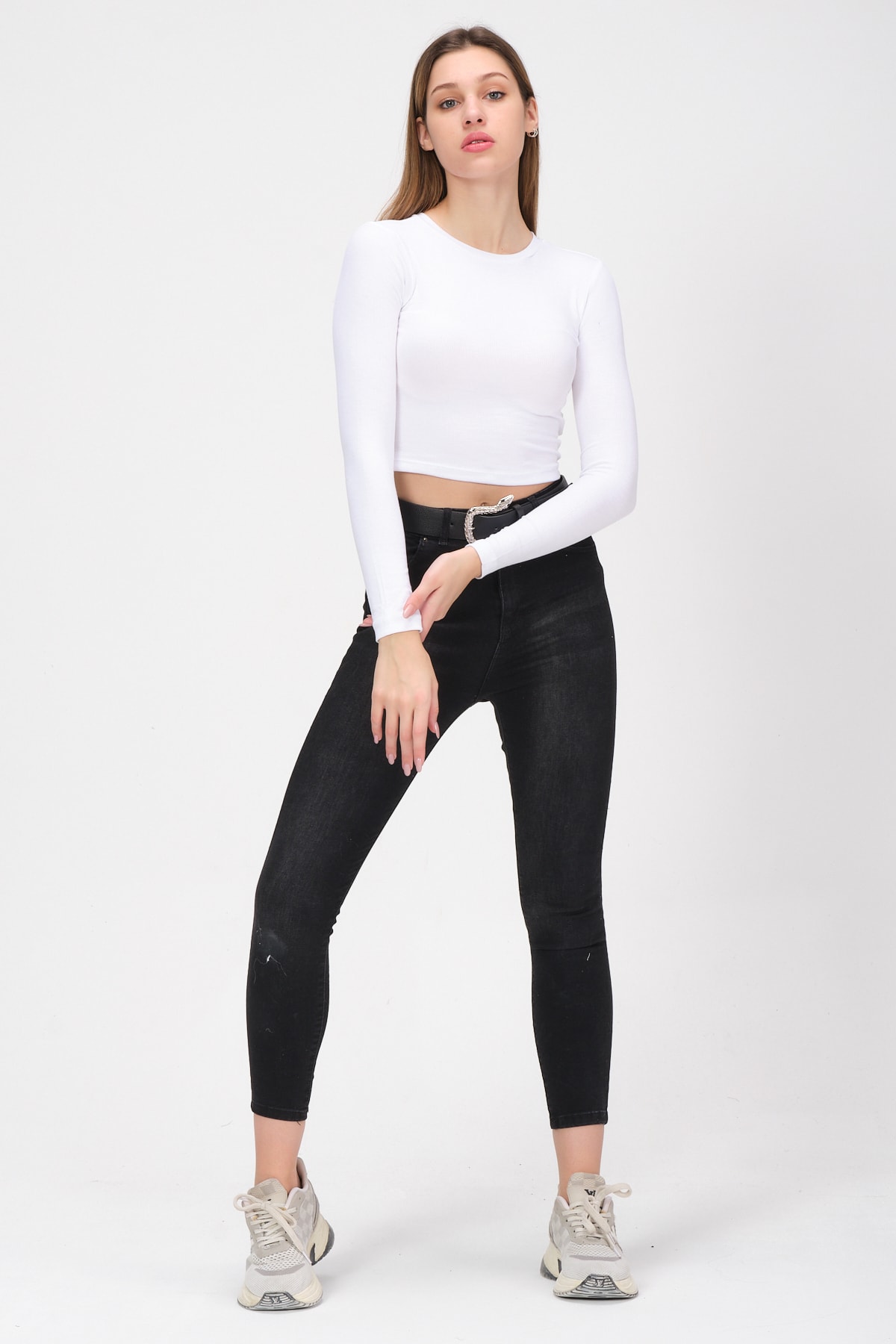 Kadın Vizon Uzun Kollu Fitilli Bluz Crop Örme T-shirt