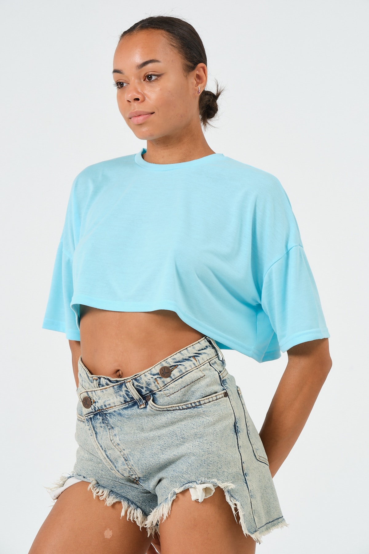 Kadın Mavi Oversize Crop T-Shirt