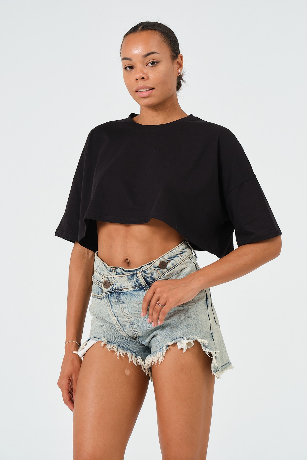 Kadın Mavi Oversize Crop T-Shirt