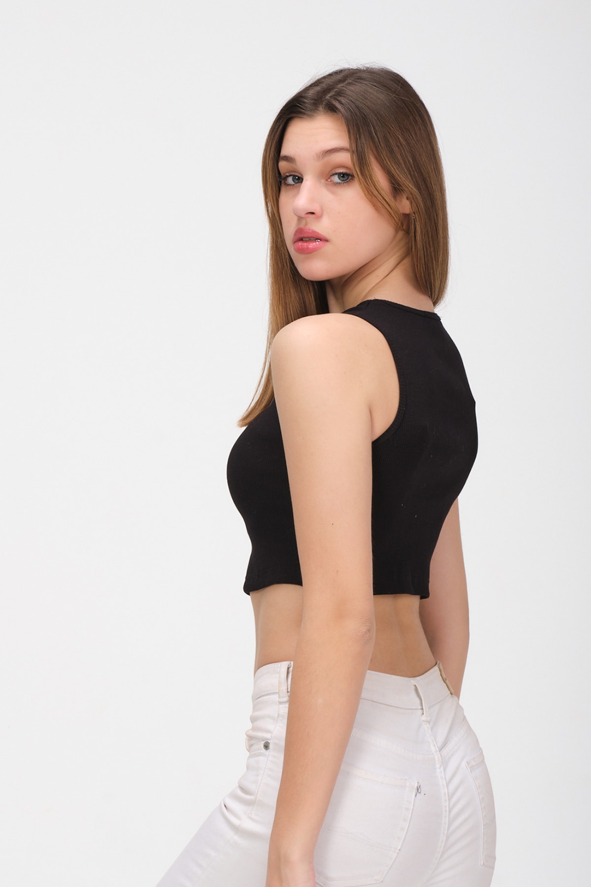 Kadın Pembe Bisiklet Yaka Crop Top Kolsuz Kaşkorse T-shirt