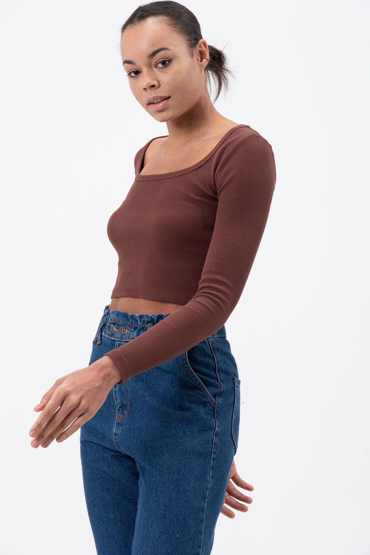 Kadın Gül Kurusu Uzun Kollu Kare Yaka Fitilli Bluz