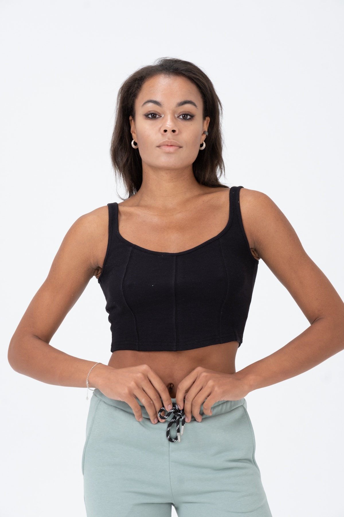 Kadın Yeşil Kalın Askılı Crop Bluz