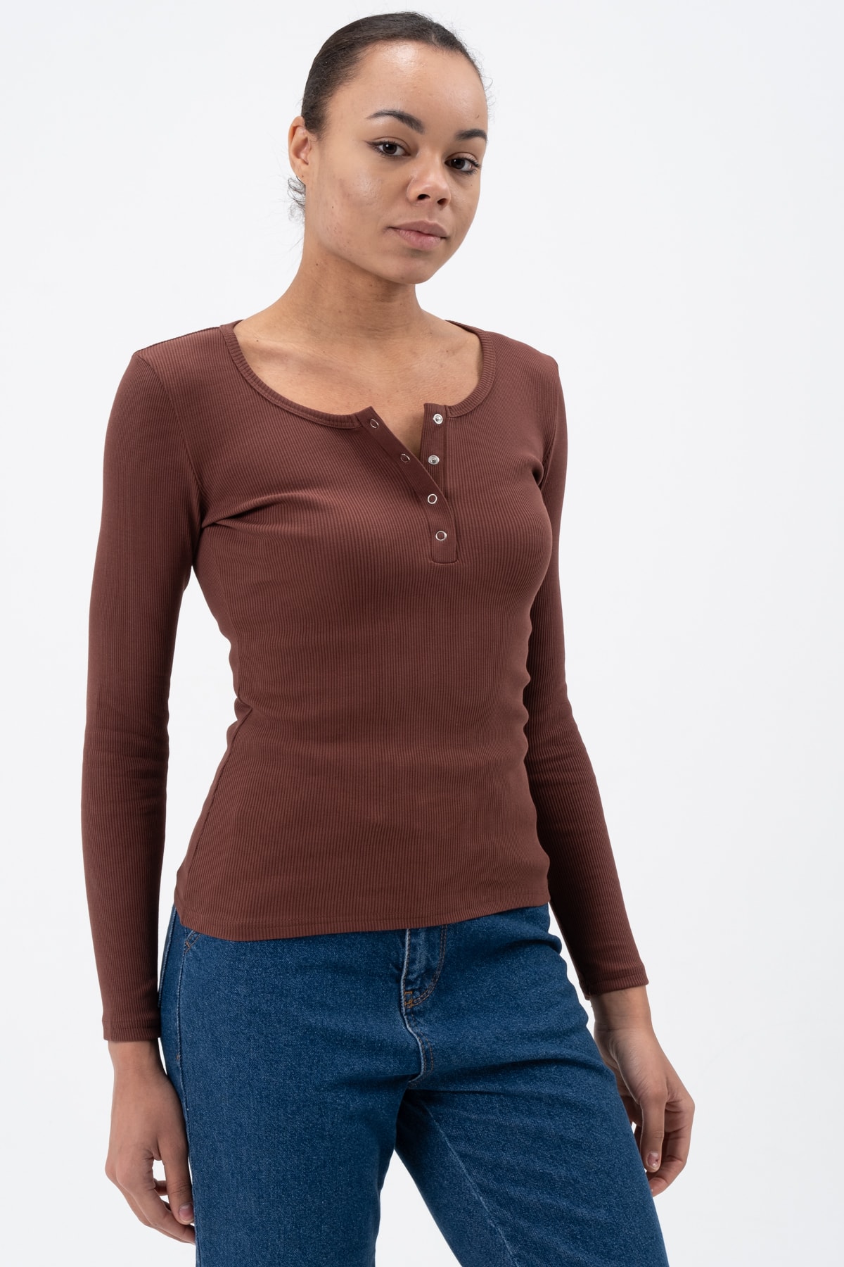 Kadın Kahverengi Çıtçıtlı Örme Uzun Kollu Bluz