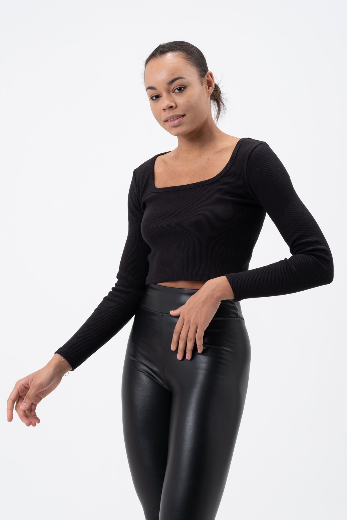 Kadın Gül Kurusu Uzun Kollu Kare Yaka Fitilli Bluz