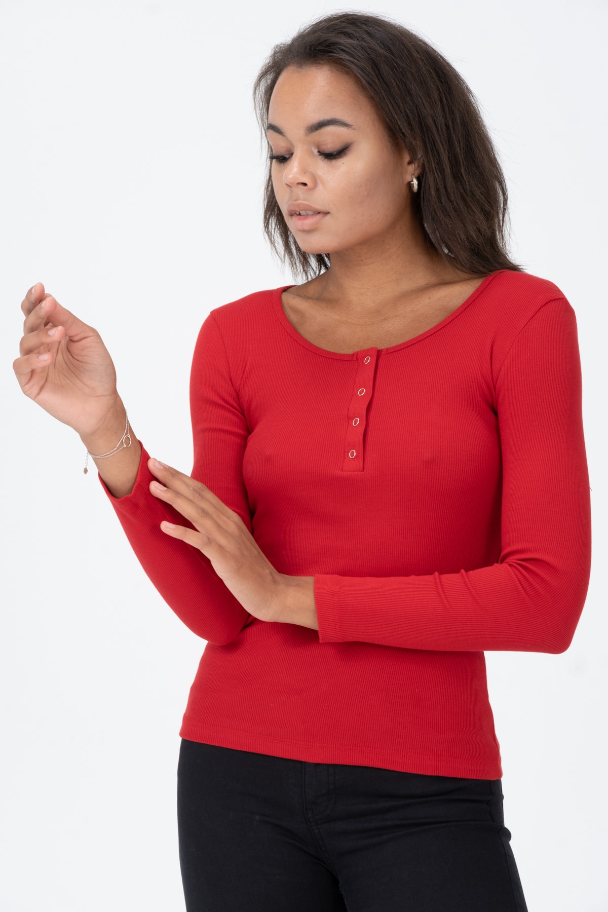 Kadın Kahverengi Çıtçıtlı Örme Uzun Kollu Bluz