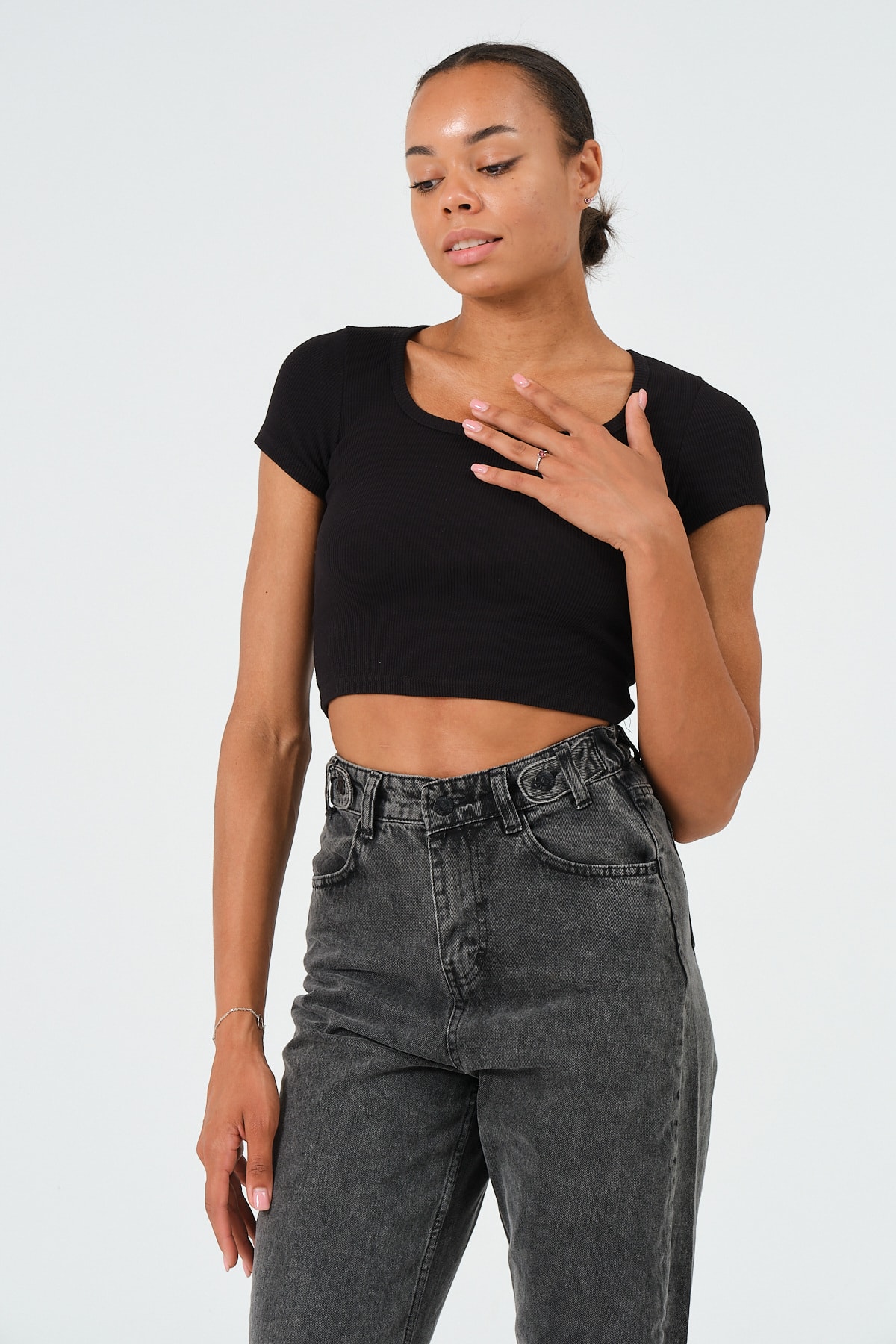 Kadın Sax Mavi U Yaka Kısa Kollu Crop Bluz