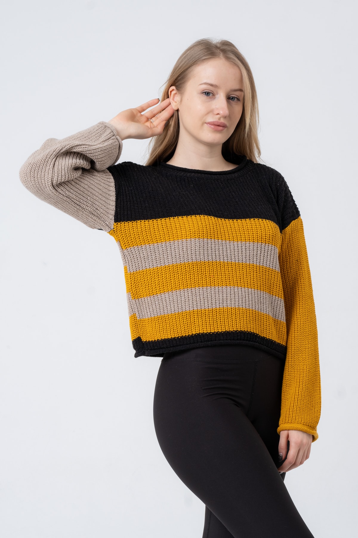 Kadın Bisiklet Yaka Çizgili Uzun Kollu Triko Kazak