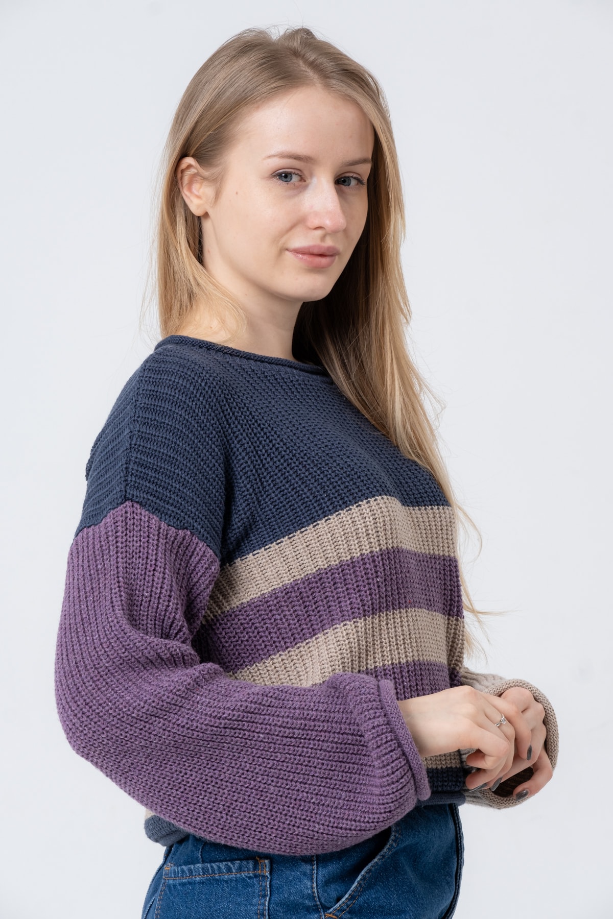 Kadın Bisiklet Yaka Çizgili Uzun Kollu Triko Kazak