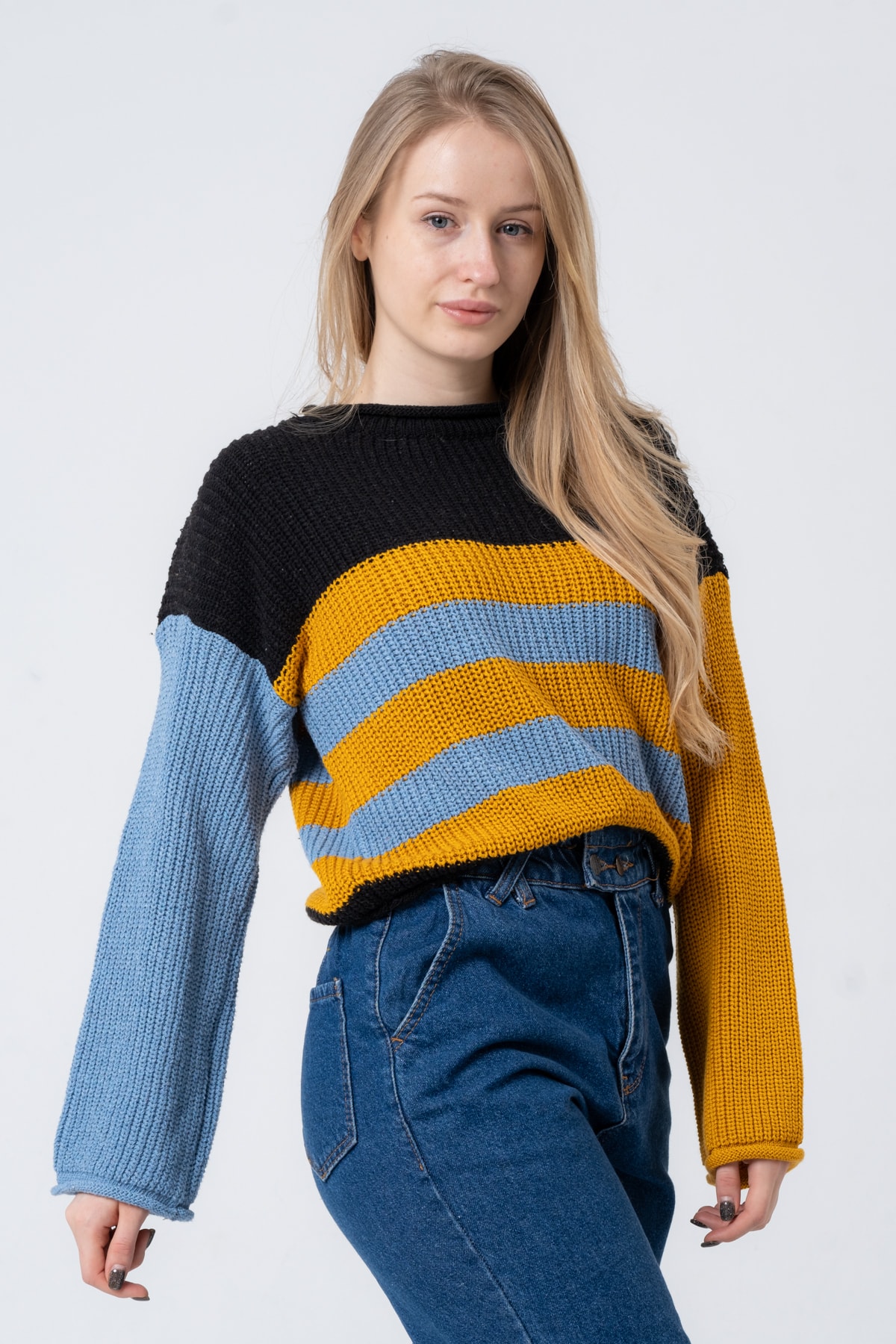 Kadın Bisiklet Yaka Çizgili Uzun Kollu Triko Kazak