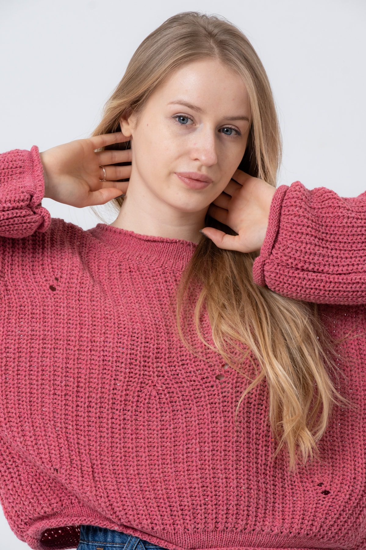 Kadın Pembe Geniş Uzun Kollu Triko Kazak