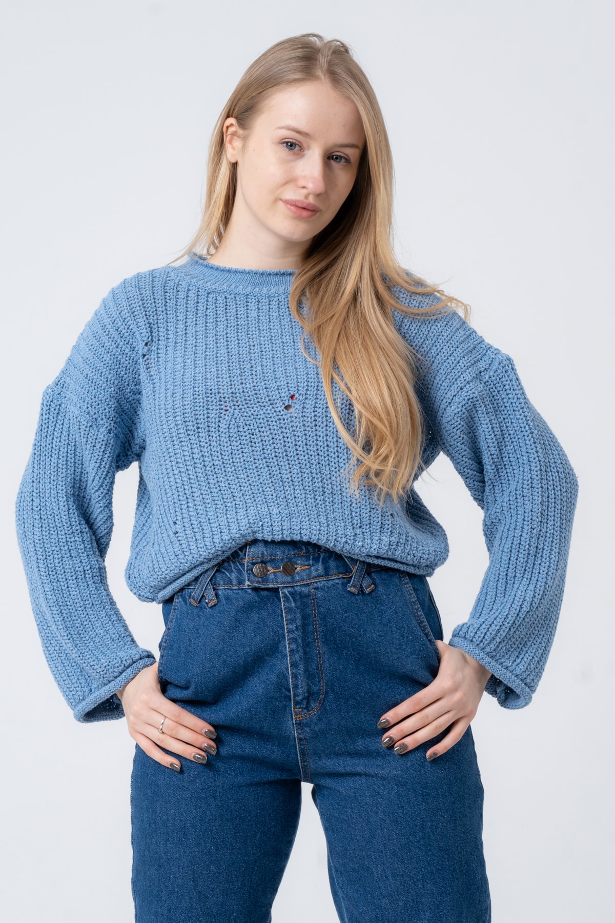 Kadın Pembe Geniş Uzun Kollu Triko Kazak