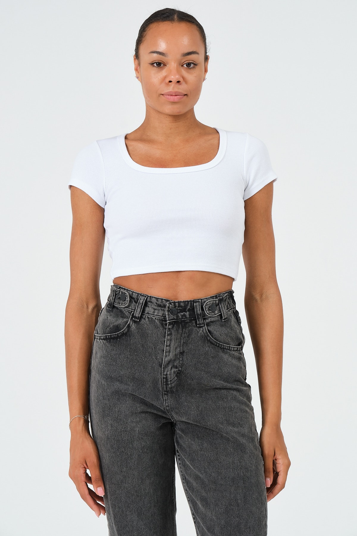 Kadın Sax Mavi U Yaka Kısa Kollu Crop Bluz